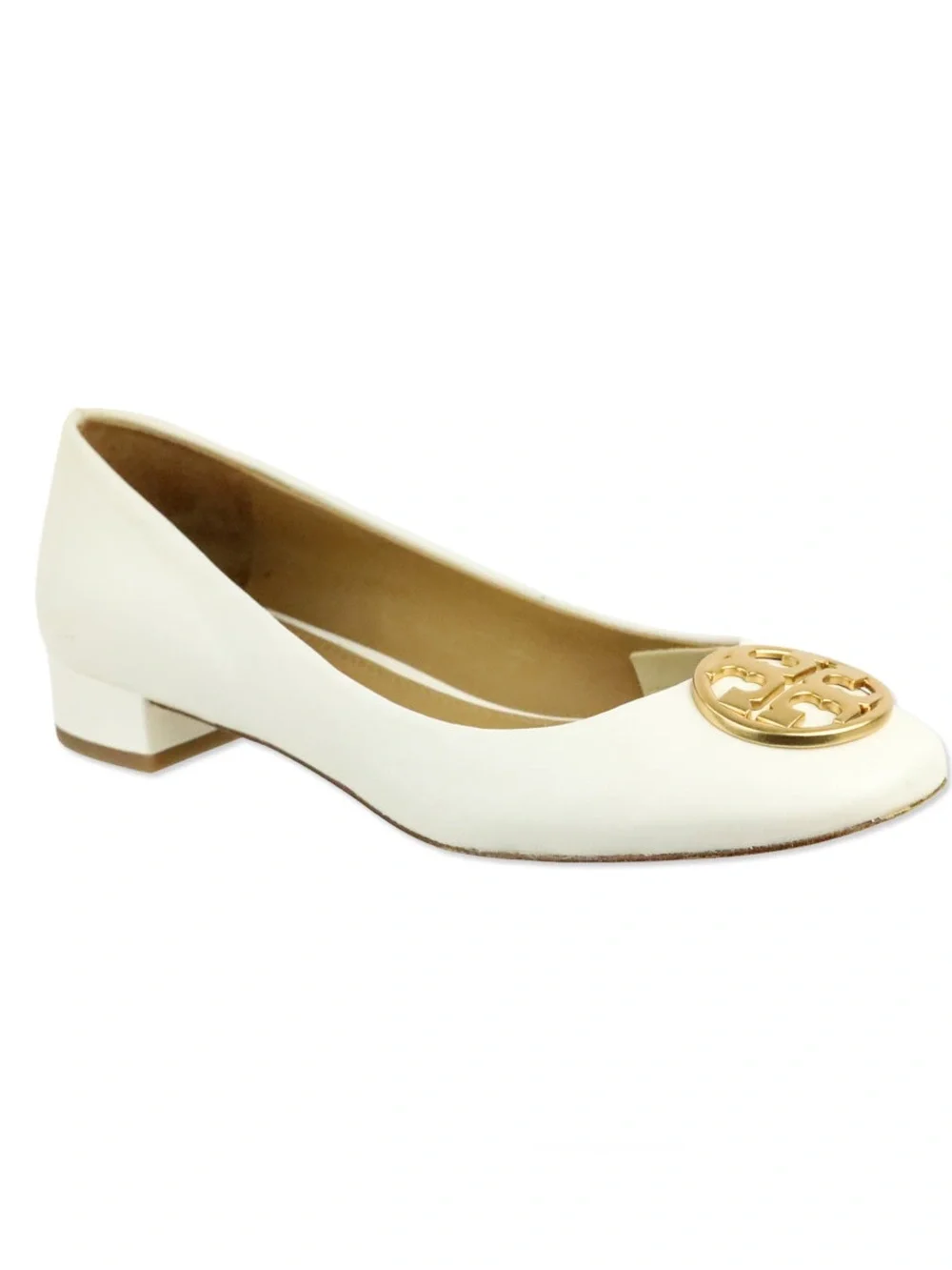 TORY BURCH WHITE GOLD LOGO CHELSEA HEELED BALLET FLATS 7US